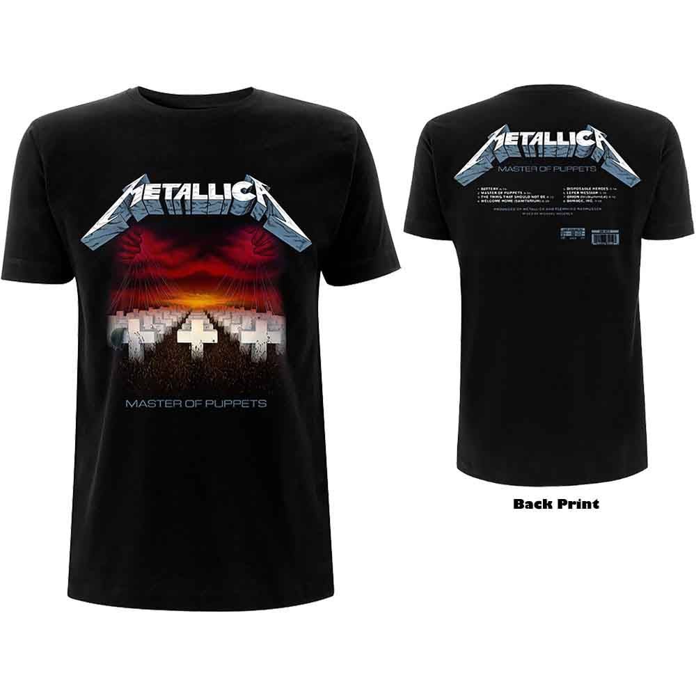 Metallica Unisex T-Shirt: Master of Puppets Tracks (Black) (Back Print) by Rock Off Trade