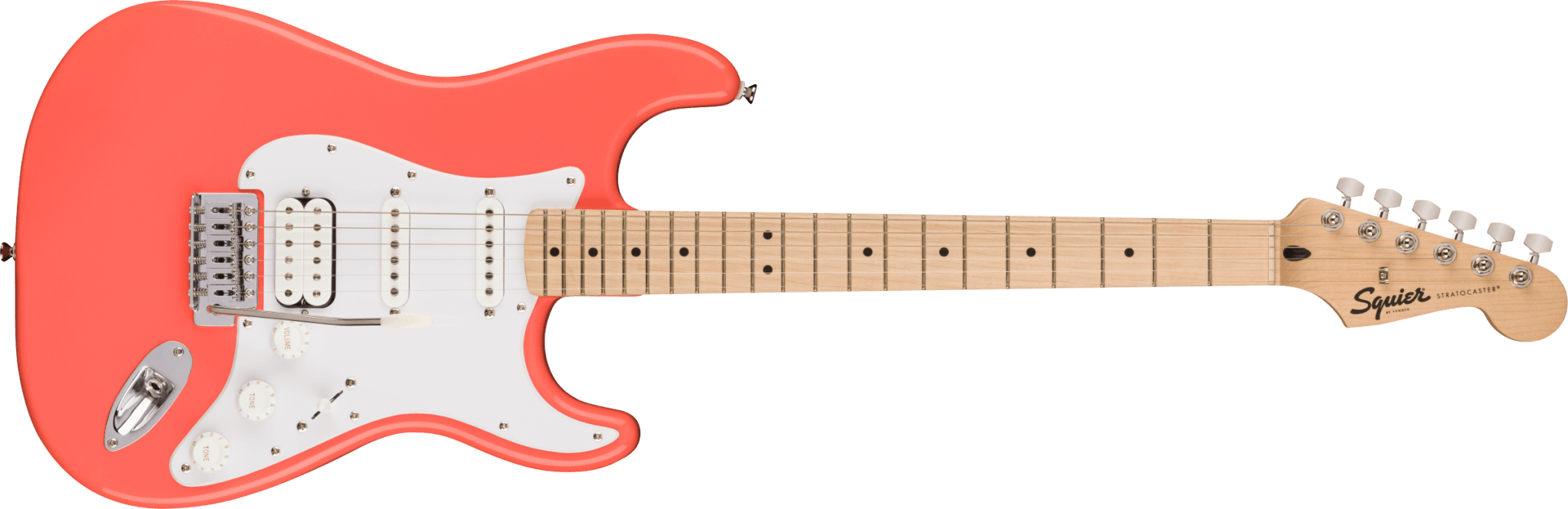 Squier Sonic® Stratocaster® HSS, Maple Fingerboard, White Pickguard, Tahitian Coral by FMIC