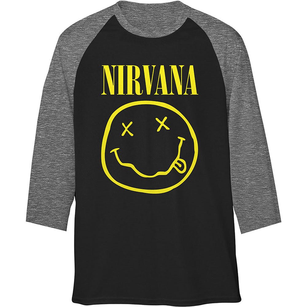 NIRVANA UNISEX RAGLAN TEE: YELLOW SMILEY by Rock Off Trade