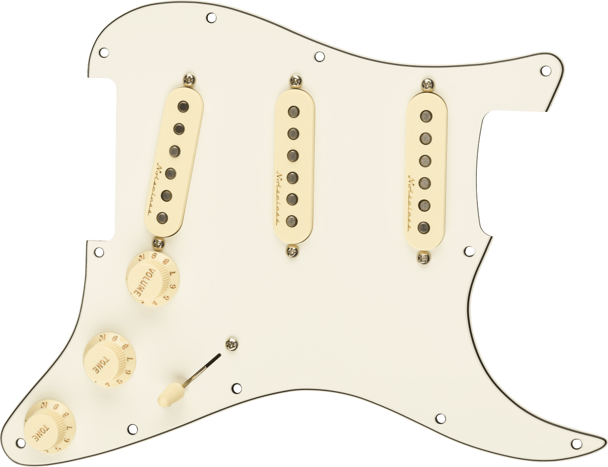 Pre - Wired Strat Pickguard, Vintage Noiseless SSS, Parchment 11 Hole PG by FMIC