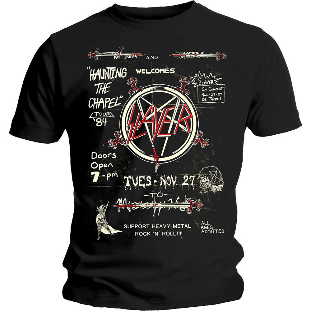 SLAYER UNISEX TEE: HAUNTING 84 FLIER by Rock Off Trade