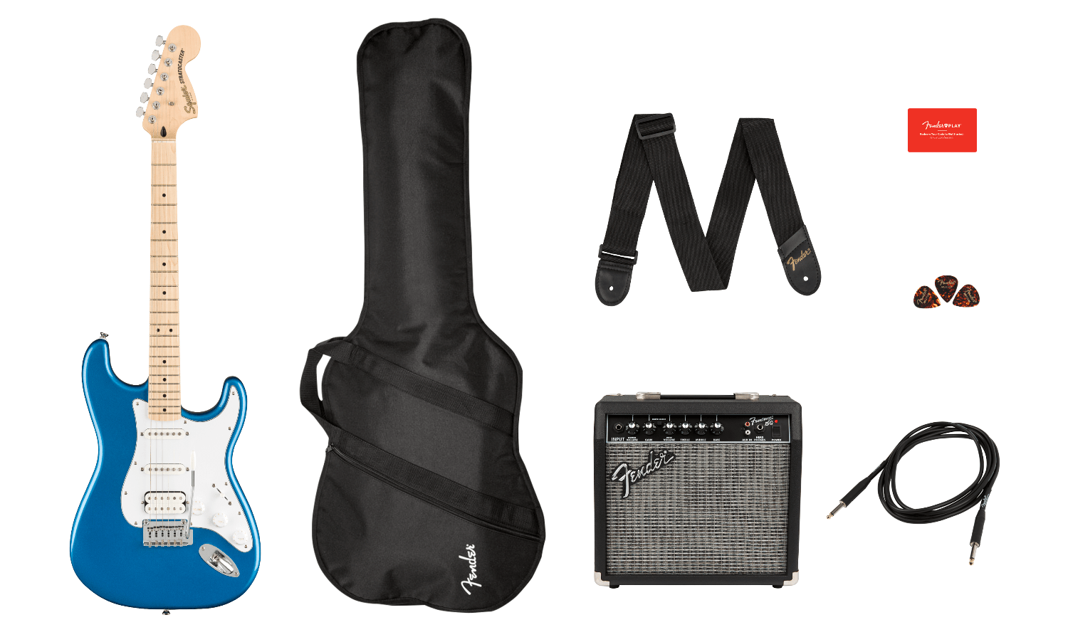 Squier Affinity Series Stratocaster HSS Pack, Maple Fingerboard, Lake Placid Blue, Gig Bag, 15G - 120V by FMIC