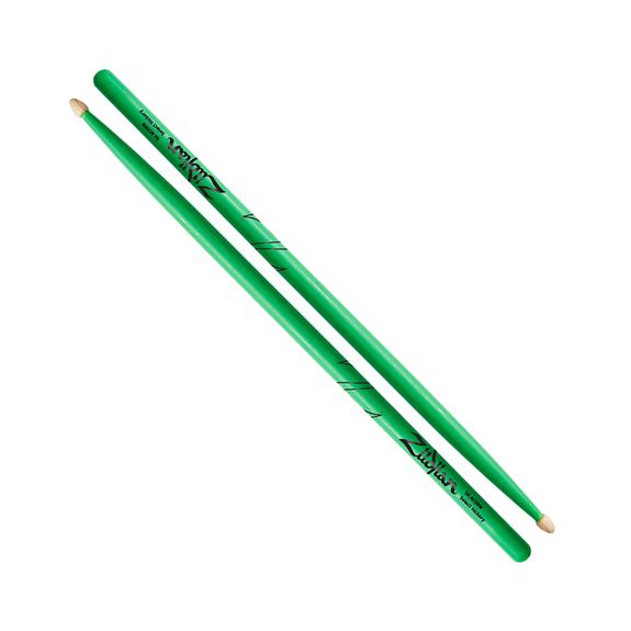 Zildjian 5A Acorn Tip Hickory Drumsticks, Neon Green by Coast Music