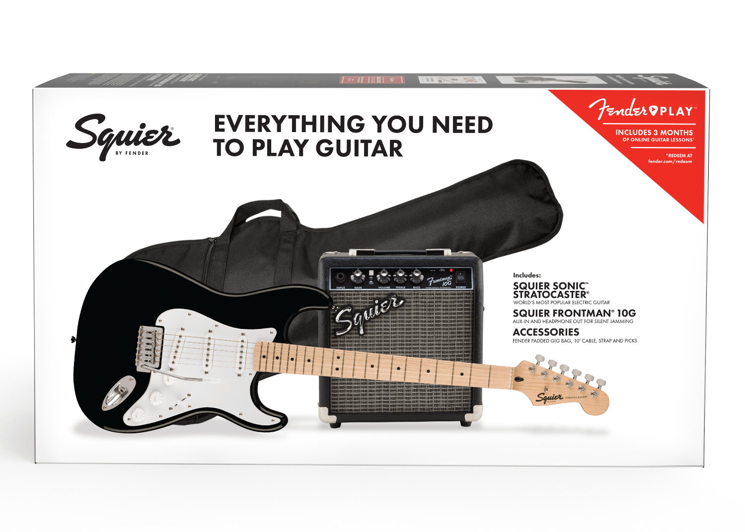 Squier Sonic™ Stratocaster® Pack, Maple Fingerboard, Black, Gig Bag, 10G - 120V