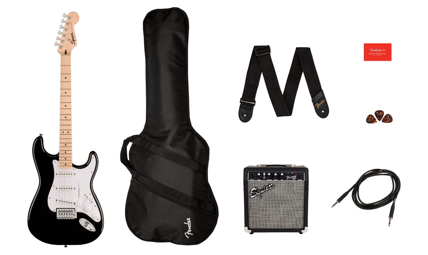 Squier Sonic™ Stratocaster® Pack, Maple Fingerboard, Black, Gig Bag, 10G - 120V