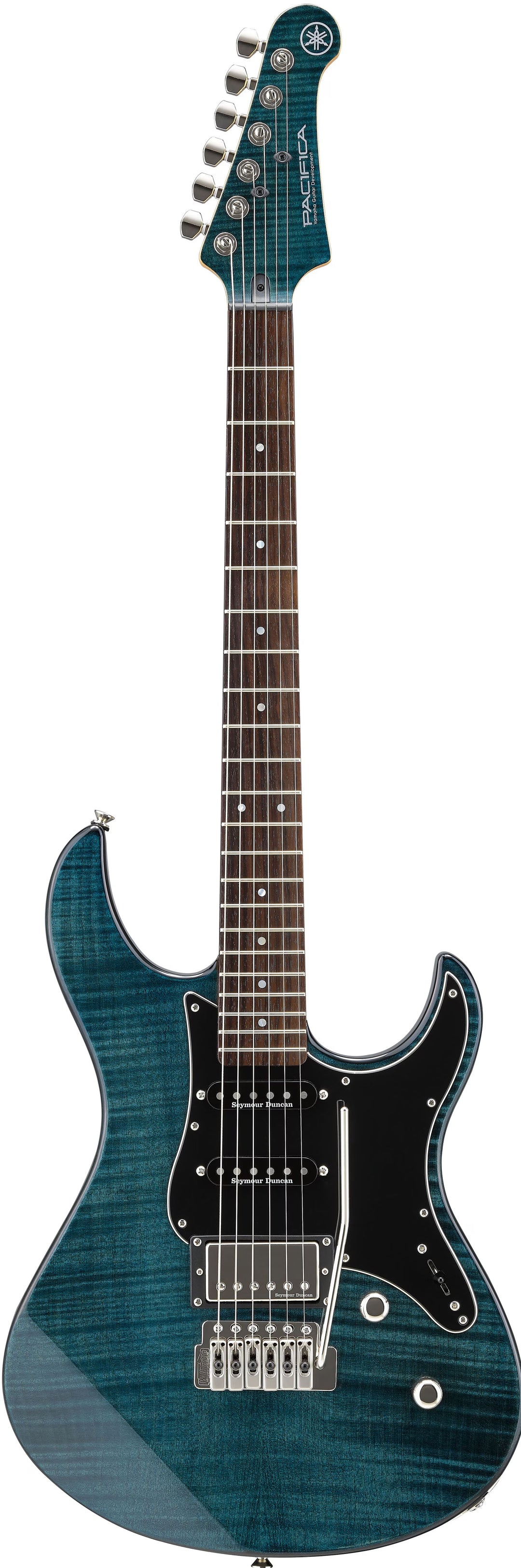 Blue electric guitar on a white background