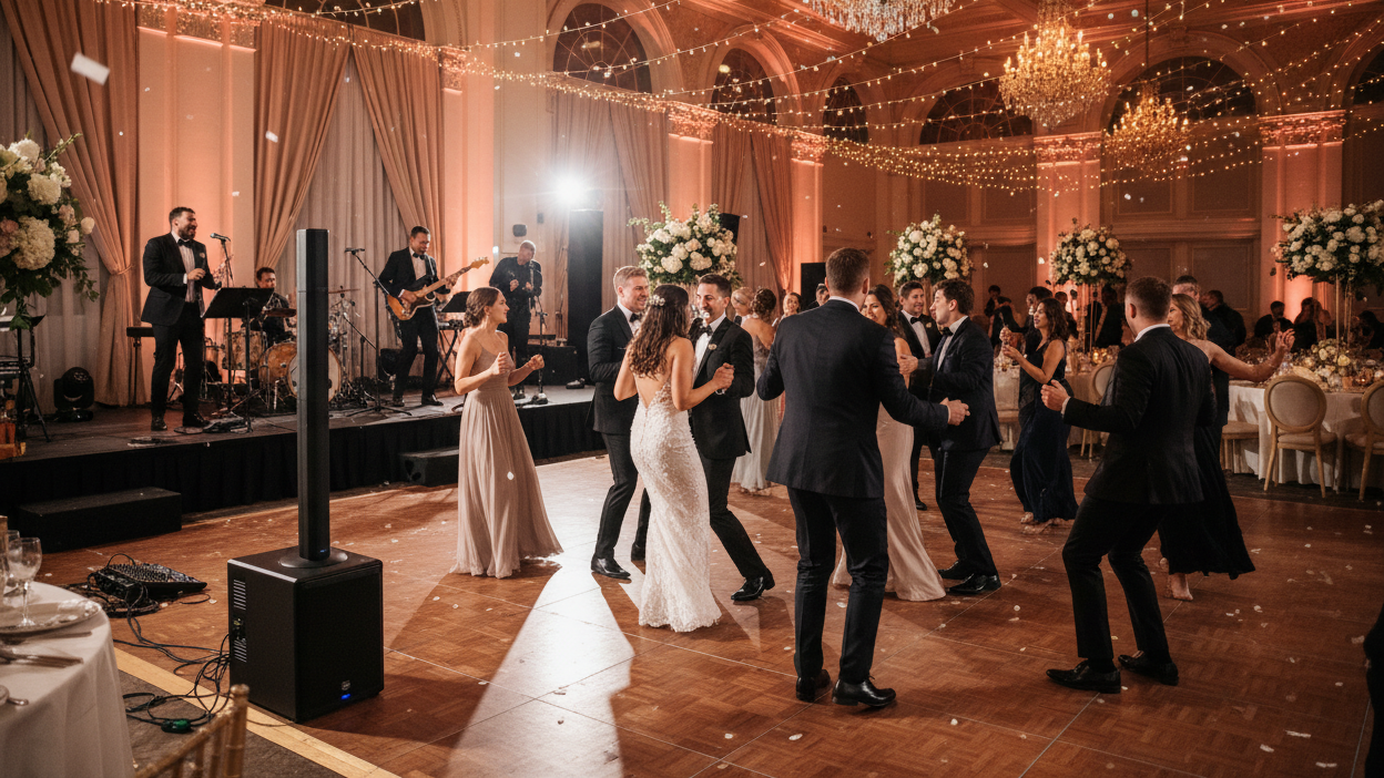 Wedding reception in a grand ballroom with guests dancing and a band playing.