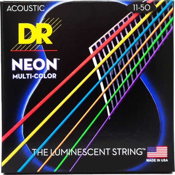 DR Strings Neon Multi - color Coated Acoustic Guitar String, Custom Light (11 - 50) by DR Handmade Strings