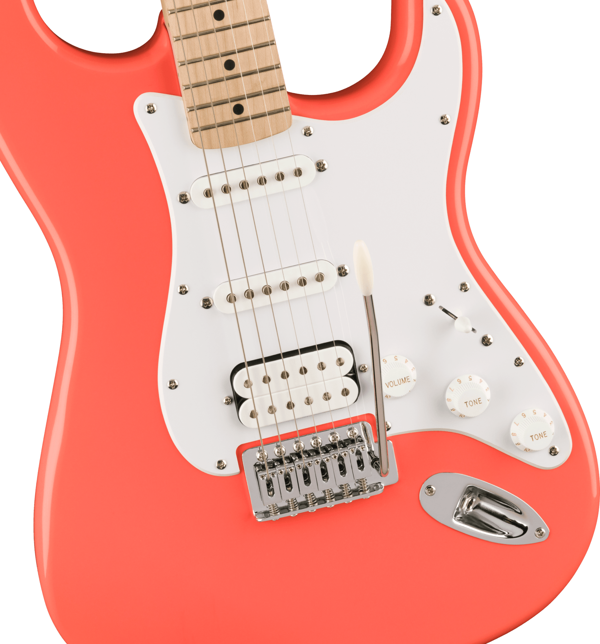 Squier Sonic® Stratocaster® HSS, Maple Fingerboard, White Pickguard, Tahitian Coral by FMIC