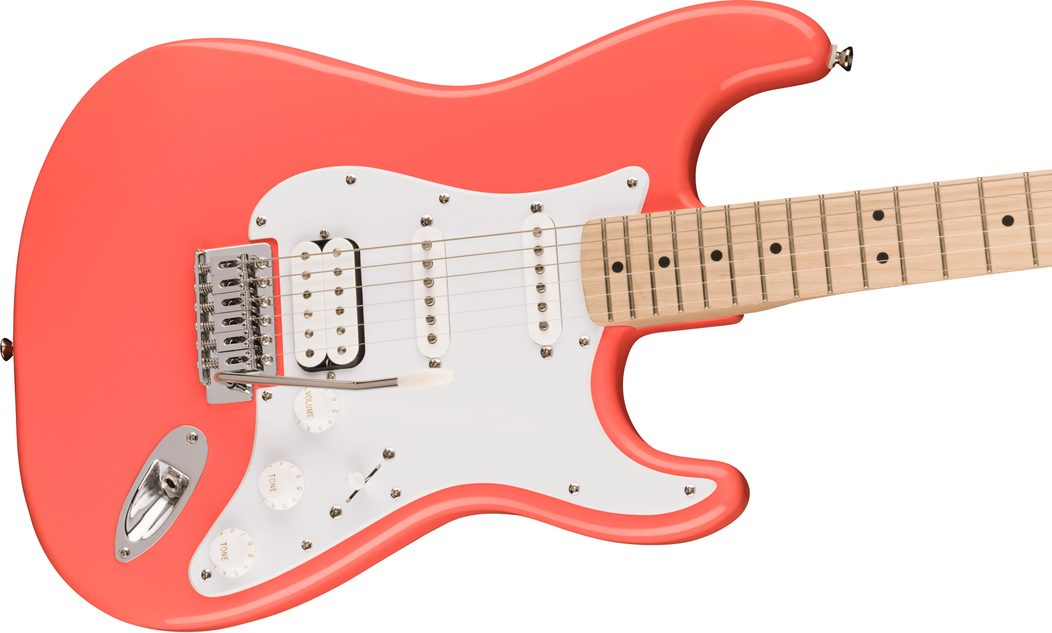 Squier Sonic® Stratocaster® HSS, Maple Fingerboard, White Pickguard, Tahitian Coral by FMIC