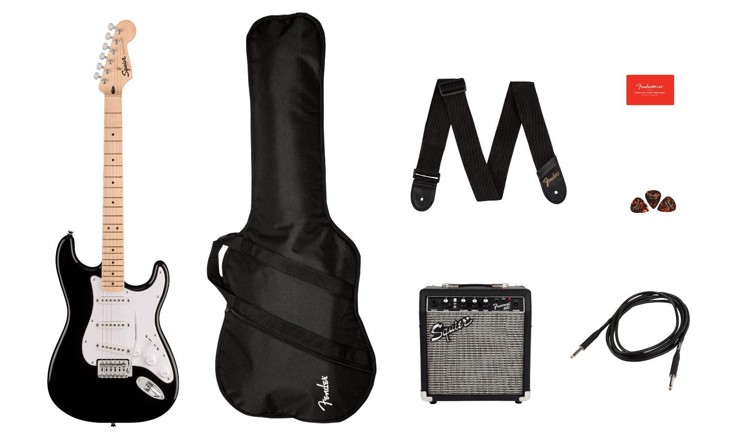 Squier Sonic™ Stratocaster® Pack, Maple Fingerboard, Black, Gig Bag, 10G - 120V by FMIC