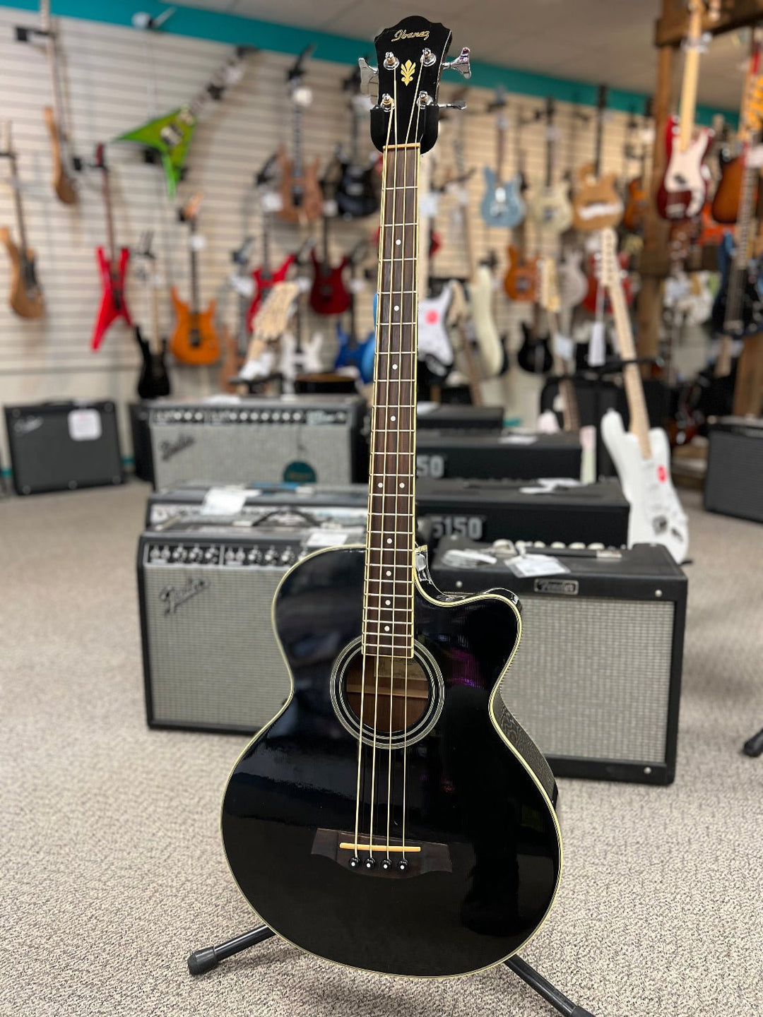 Used Ibanez AEB8E - BK Acoustic Bass Guitar – Black by Faders Music Inc.