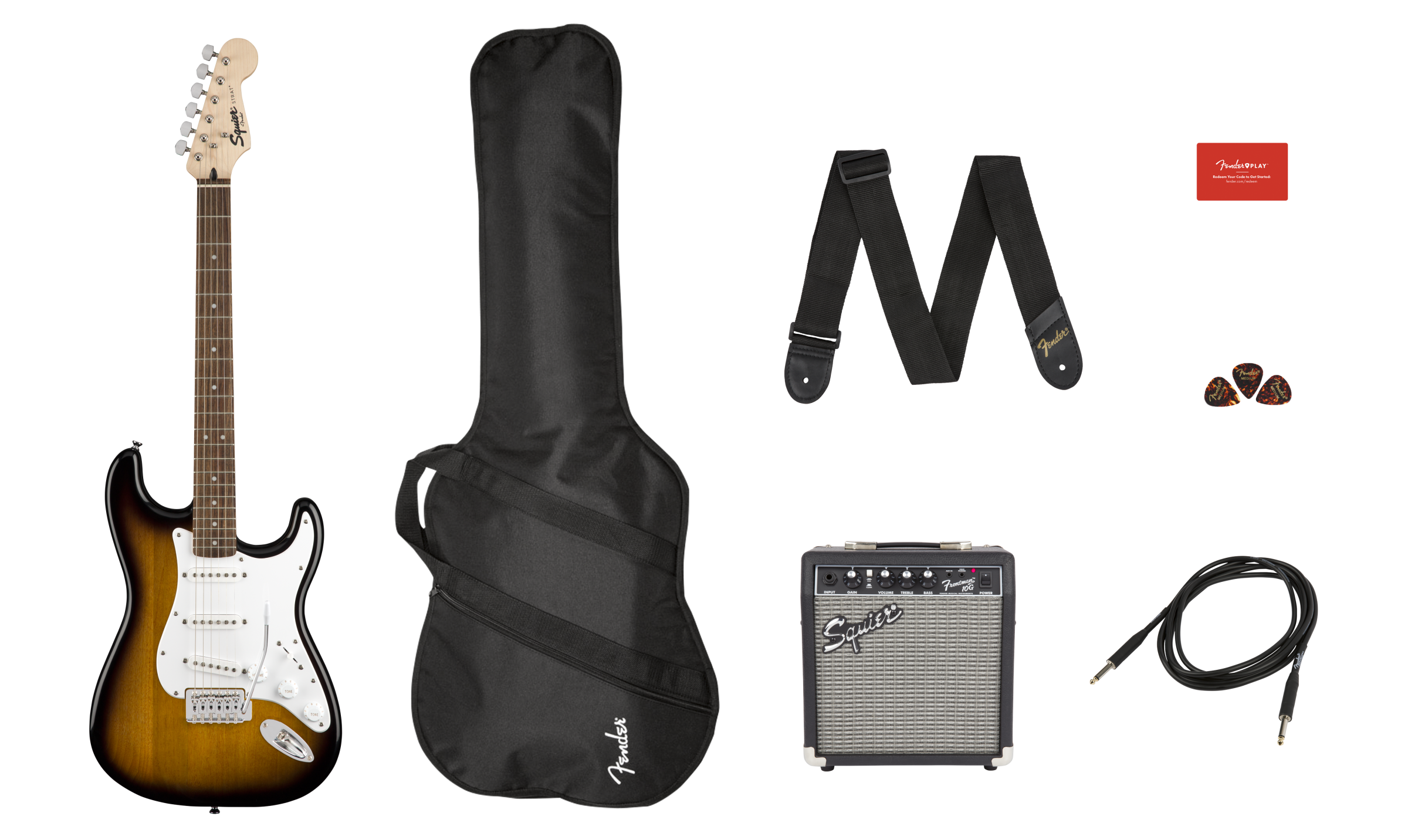 Squier Stratocaster® Pack, Laurel Fingerboard, Brown Sunburst, Gig Bag, 10G - 120V