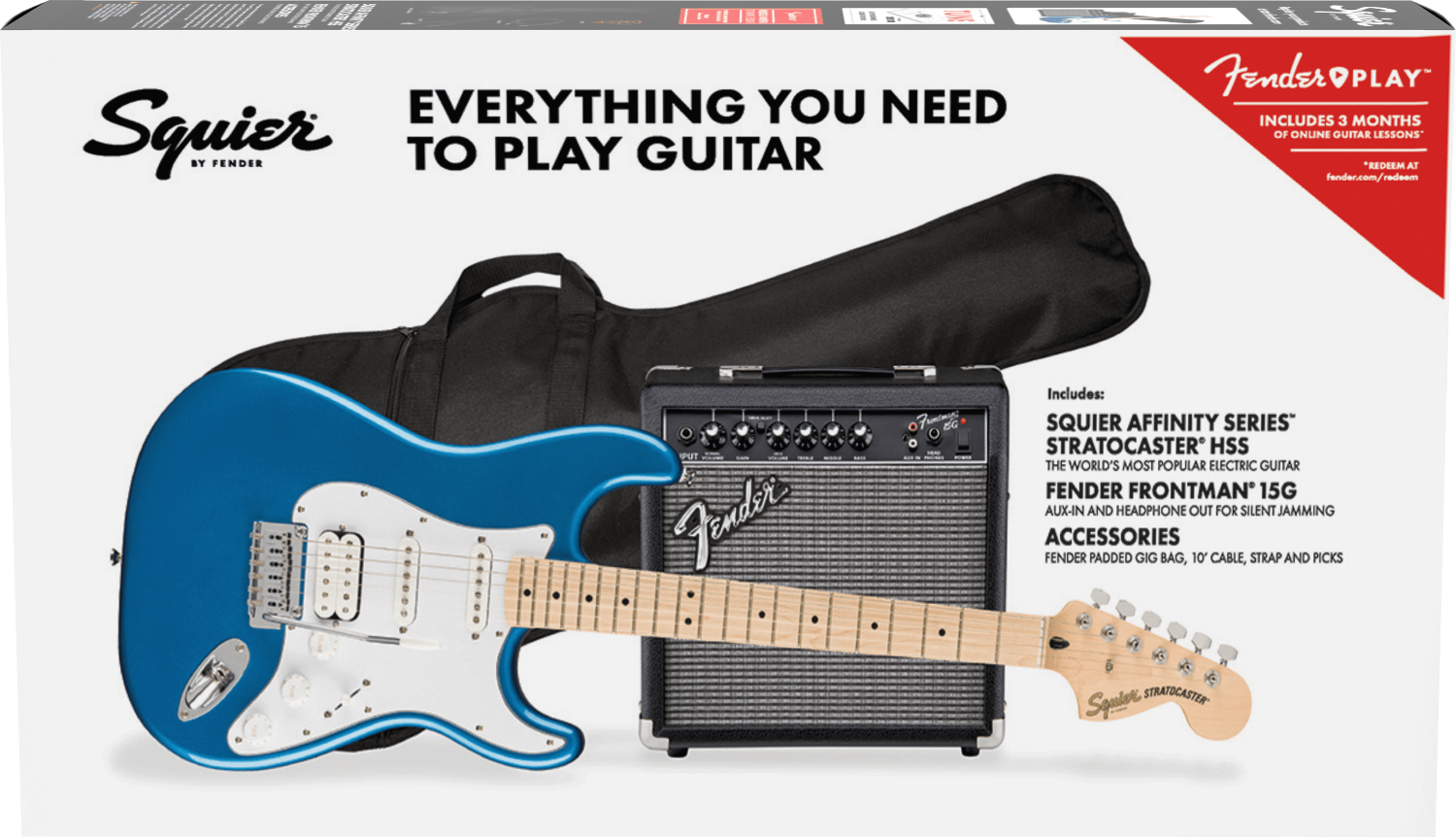 Squier Affinity Series Stratocaster HSS Pack, Maple Fingerboard, Lake Placid Blue, Gig Bag, 15G - 120V