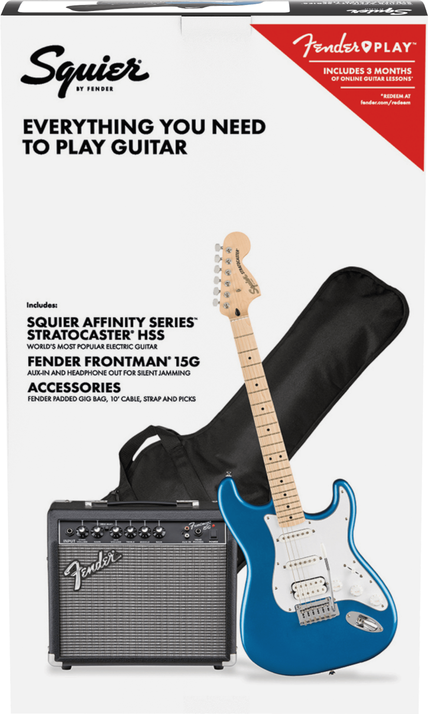 Squier Affinity Series Stratocaster HSS Pack, Maple Fingerboard, Lake Placid Blue, Gig Bag, 15G - 120V