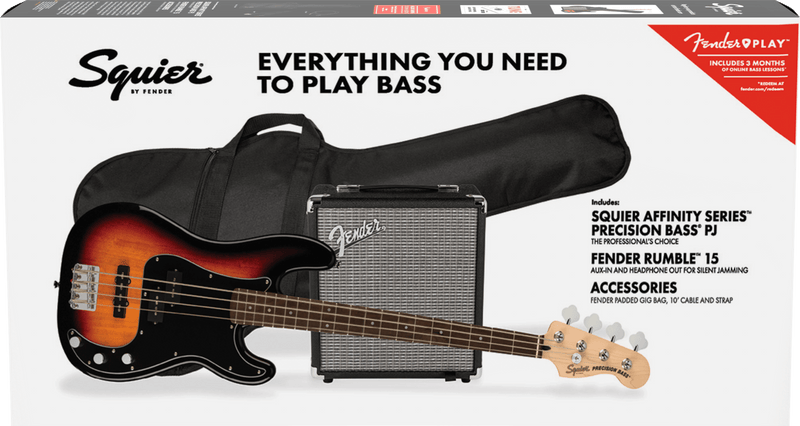 Squier Affinity Series Precision Bass PJ Pack, Laurel Fingerboard, 3-Color Sunburst, Gig Bag, Rumble 15 - 120V