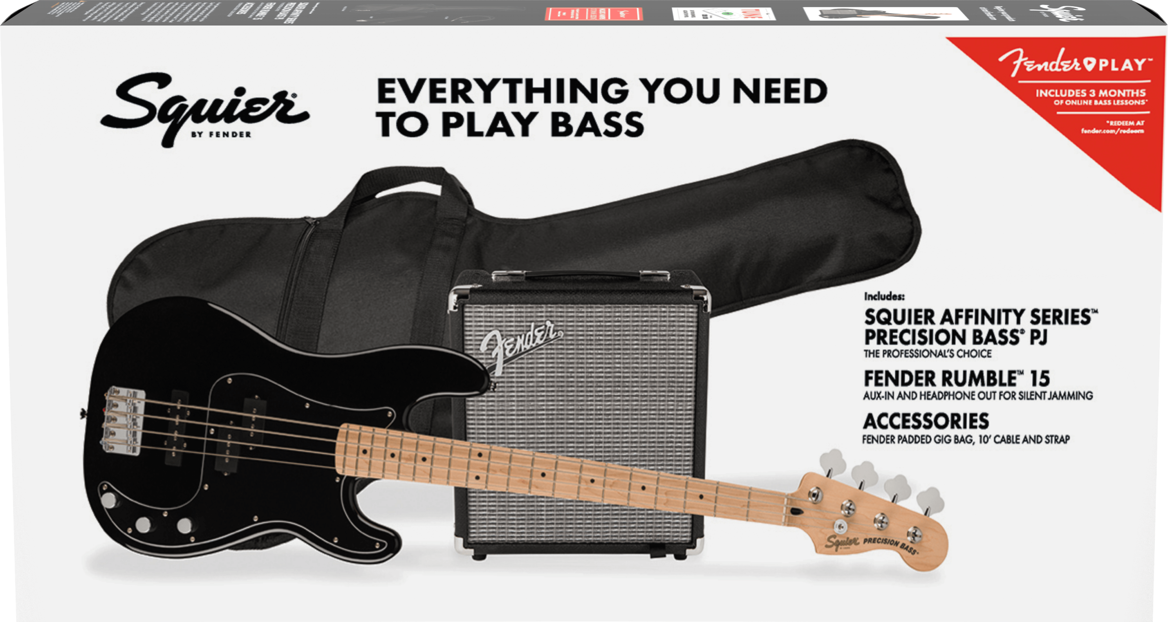 Squier Affinity Series Precision Bass PJ Pack, Maple Fingerboard, Black, Gig Bag, Rumble 15 - 120V