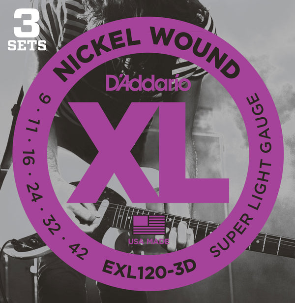 D'Addario EXL120-3D XL Nickel Wound Electric Guitar Strings - Super Light, 9-42, 3 Pack