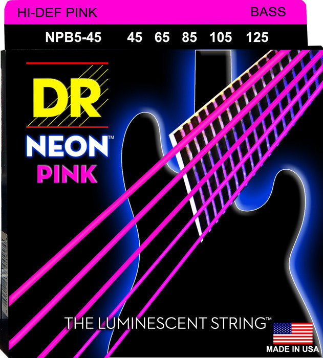 DR Strings NEON Hi-Def Pink Coated 5-String Bass Strings, Medium 45-125