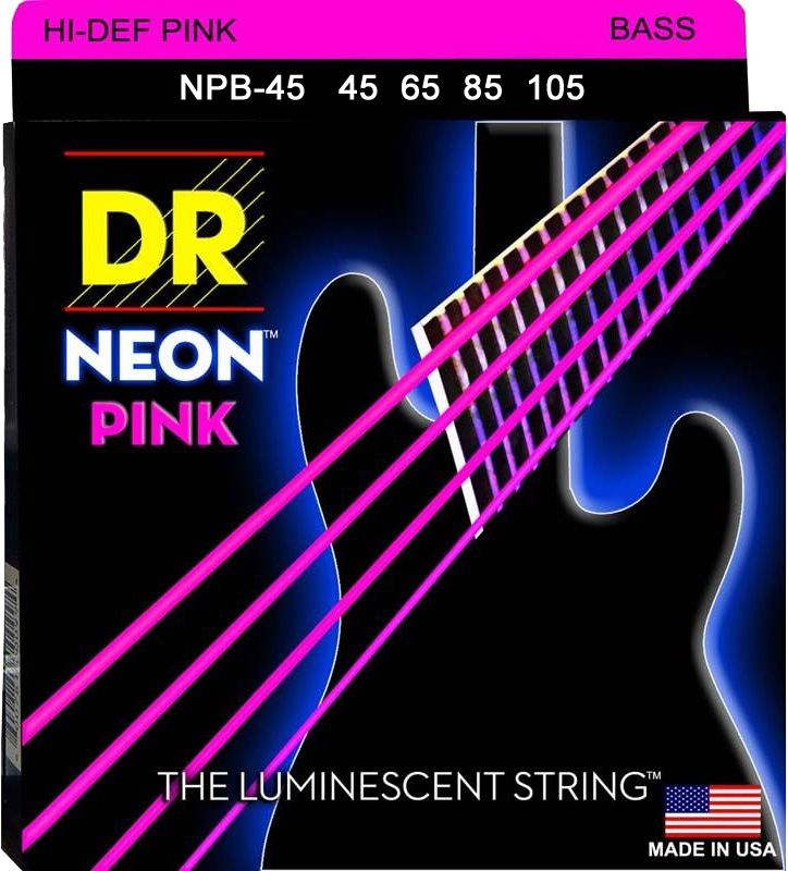 DR Strings NEON Hi-Def Pink Coated Bass Strings - Medium, 45-105