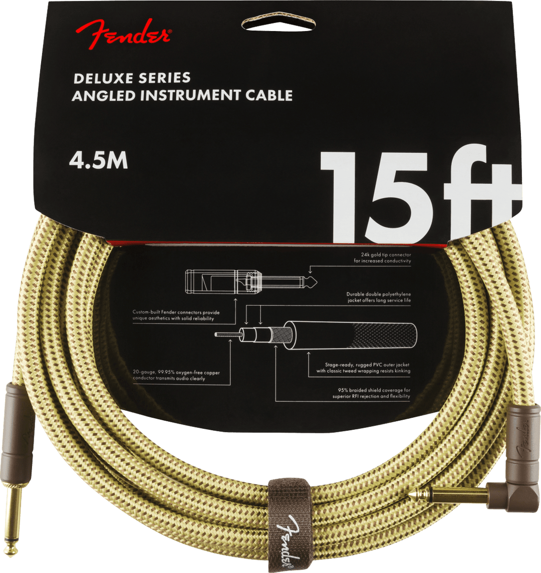 Fender Deluxe Series Instrument Cable, Straight/Angle, 15', Tweed by FMIC