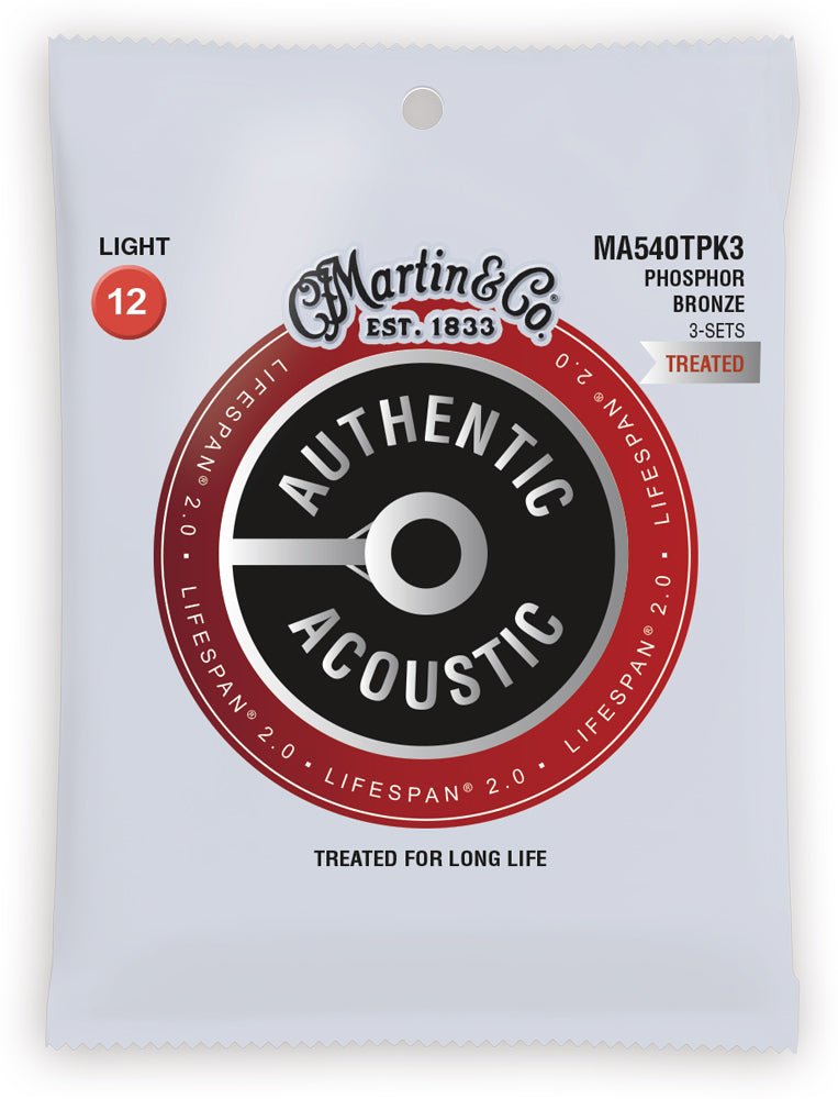 Martin & Co. Authentic Lifespan 2.0 Acoustic Guitar Strings - 92/8, Light 12 - 54, 3 Pack by Martin Guitar Co.