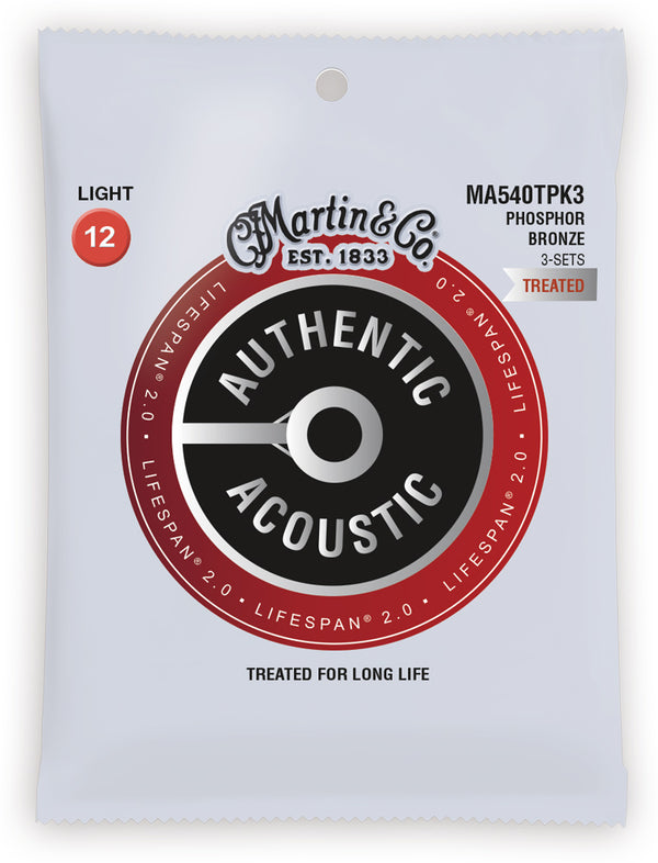 Martin & Co. Authentic Lifespan 2.0 Acoustic Guitar Strings - 92/8, Light 12-54, 3 Pack