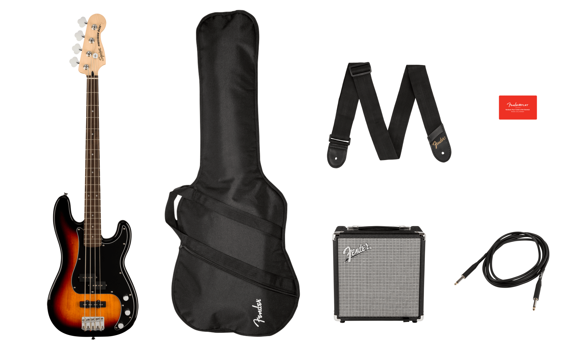 Squier Affinity Series Precision Bass PJ Pack, Laurel Fingerboard, 3 - Color Sunburst, Gig Bag, Rumble 15 - 120V by FMIC