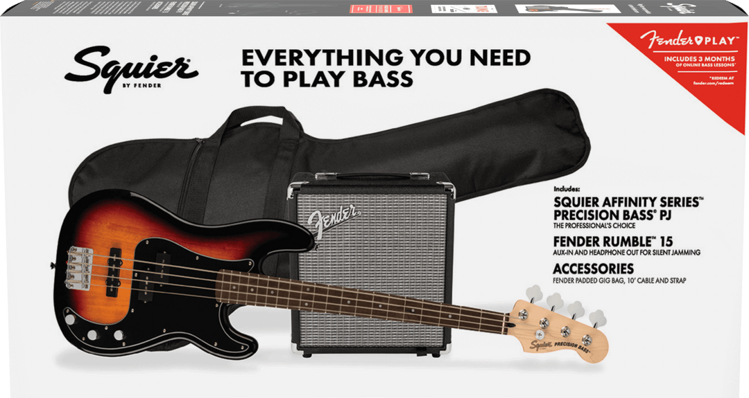 Squier Affinity Series Precision Bass PJ Pack, Laurel Fingerboard, 3 - Color Sunburst, Gig Bag, Rumble 15 - 120V by FMIC
