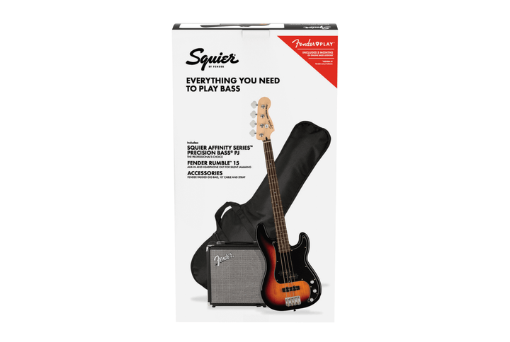 Squier Affinity Series Precision Bass PJ Pack, Laurel Fingerboard, 3 - Color Sunburst, Gig Bag, Rumble 15 - 120V by FMIC
