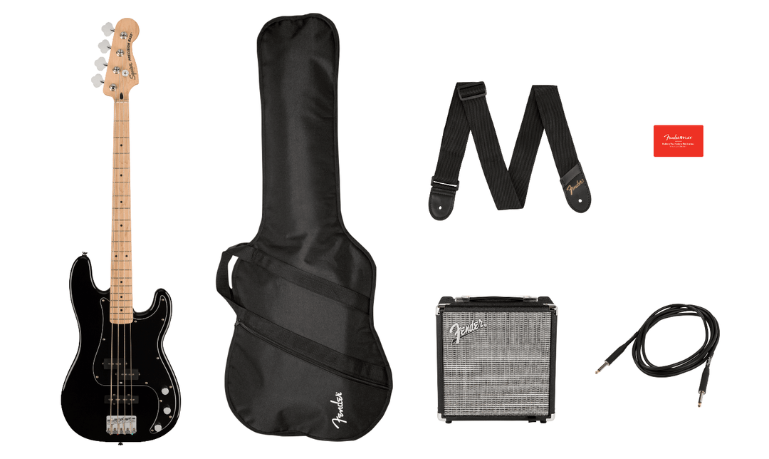 Squier Affinity Series Precision Bass PJ Pack, Maple Fingerboard, Black, Gig Bag, Rumble 15 - 120V by FMIC