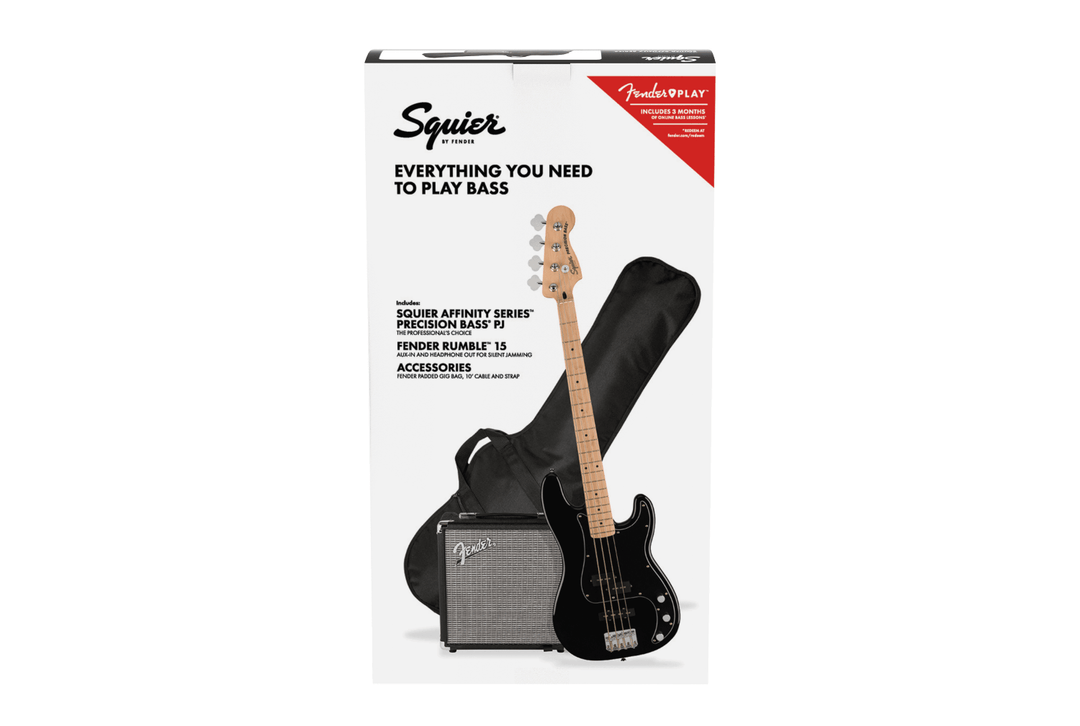 Squier Affinity Series Precision Bass PJ Pack, Maple Fingerboard, Black, Gig Bag, Rumble 15 - 120V by FMIC