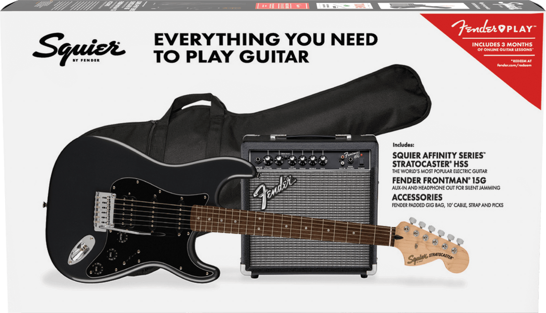 Squier Affinity Series Stratocaster HSS Pack, Laurel Fingerboard, Charcoal Frost Metallic, Gig Bag, 15G - 120V by FMIC