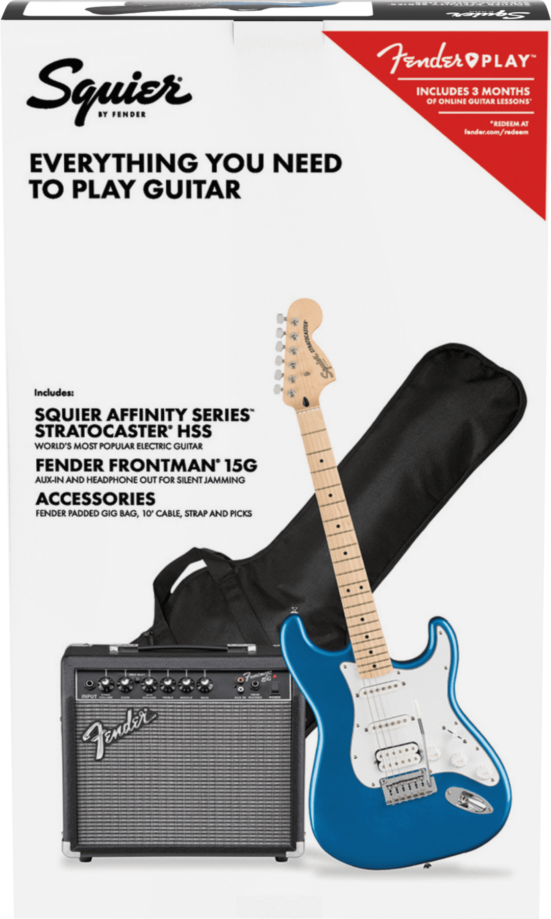 Squier Affinity Series Stratocaster HSS Pack, Maple Fingerboard, Lake Placid Blue, Gig Bag, 15G - 120V by FMIC