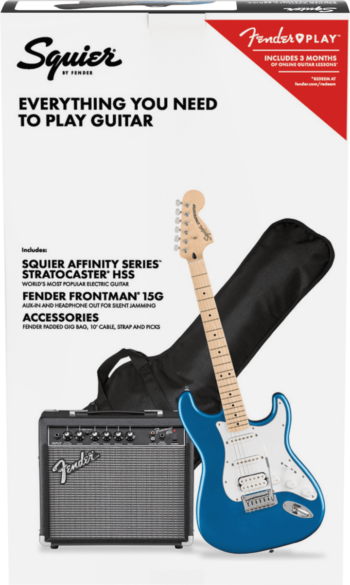 Squier Affinity Series Stratocaster HSS Pack, Maple Fingerboard, Lake Placid Blue, Gig Bag, 15G - 120V by FMIC