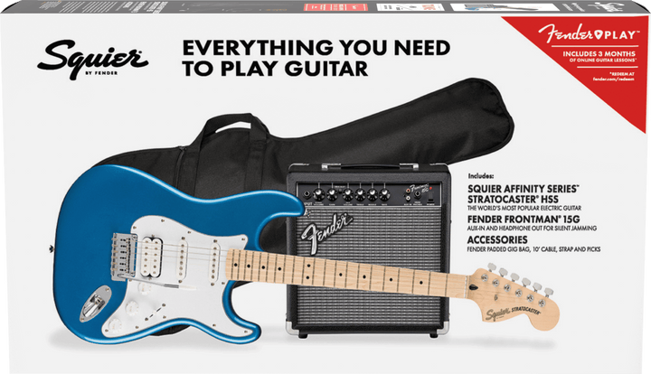 Squier Affinity Series Stratocaster HSS Pack, Maple Fingerboard, Lake Placid Blue, Gig Bag, 15G - 120V by FMIC